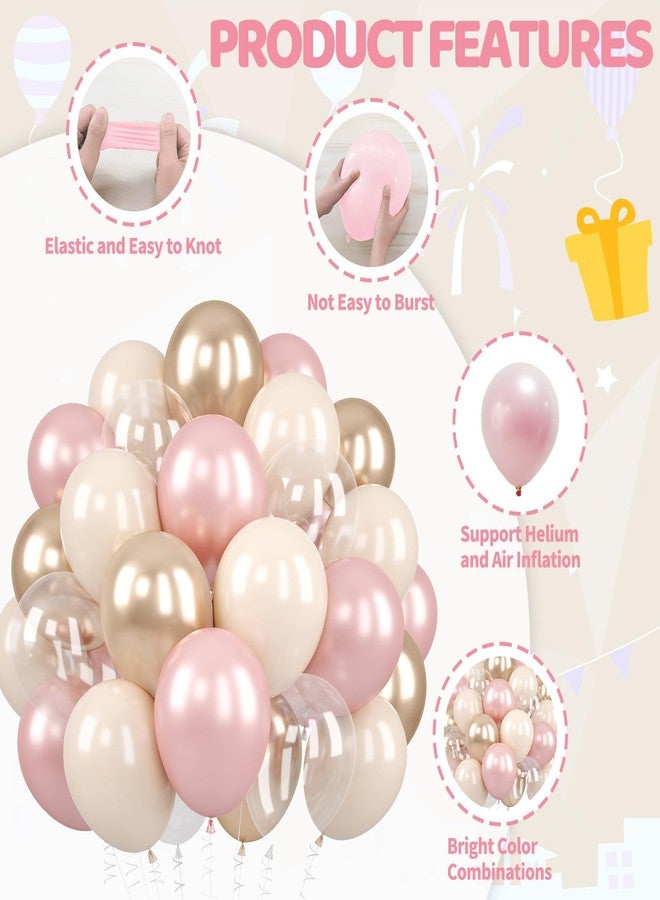 Biapian Dusty Pink and Gold Balloons, 60PCS Double Stuffed Pearl Blush Pink Balloons, 12 Inch Apricot Champagne Gold Clear Balloons Helium for Women Girls Boho Birthday Wedding Bridal Shower Party Decorations - Image 3